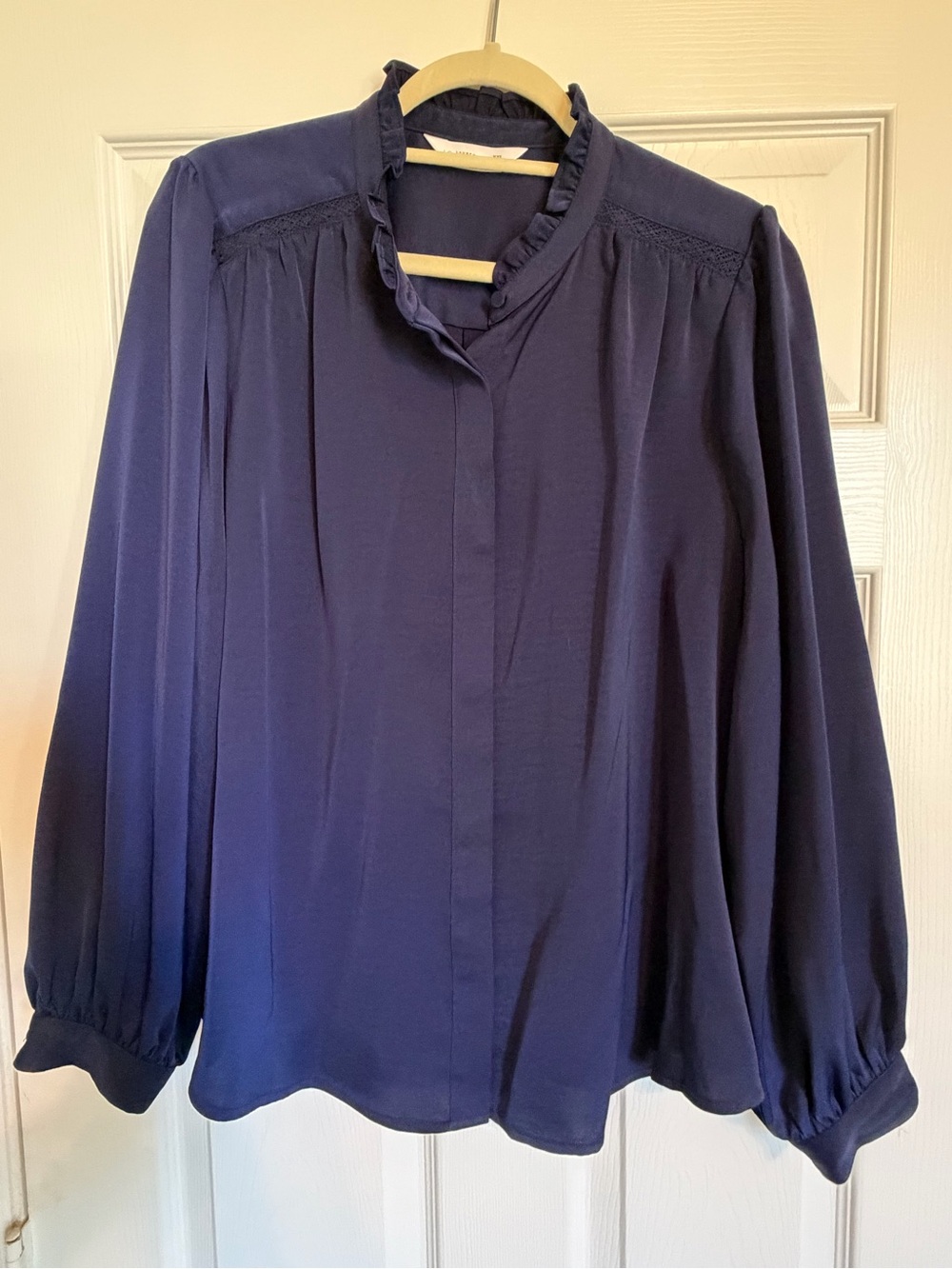 LC Lauren Conrad Navy Ruffle Neck Long-Sleeve Blouse